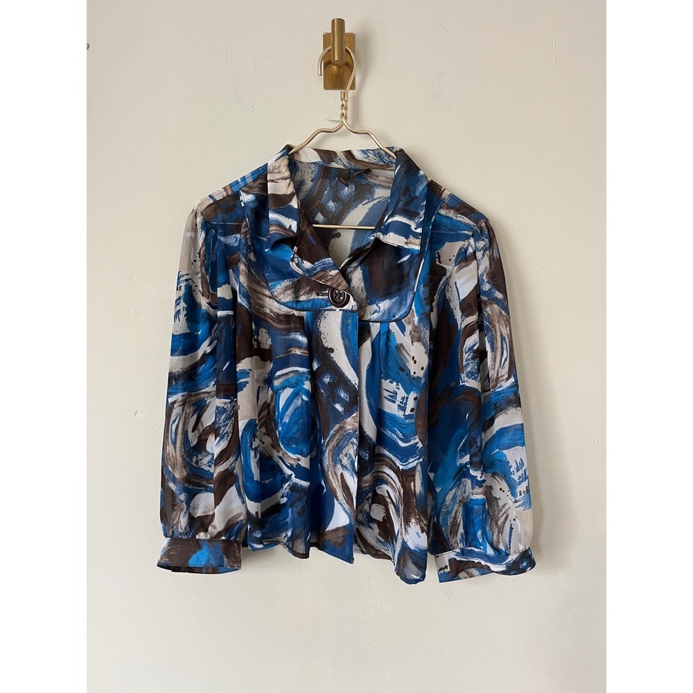 Serenade New York Abstract Swirl Sheer Blouse Blue Brown XL Single Button Top